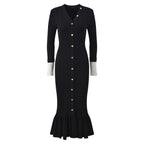 Sandro Elegant V-Neck Mermaid Knit Dress with Button Detail