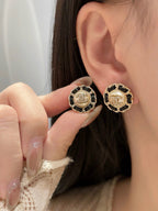 Chanel Black Leather Button Necklace Earrings